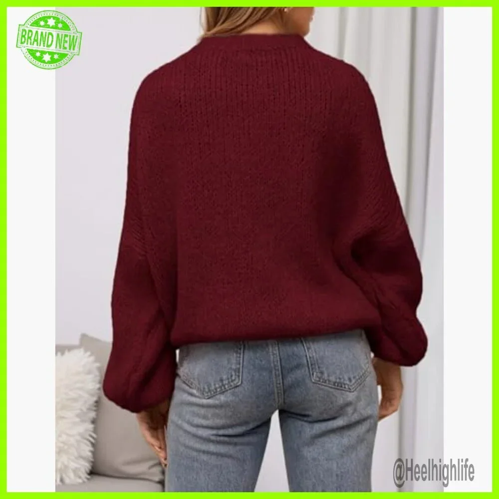 Oversized Lantern Sleeve Pullover Sweater, Loose Fit Knit Top - Picture 3 of 7
